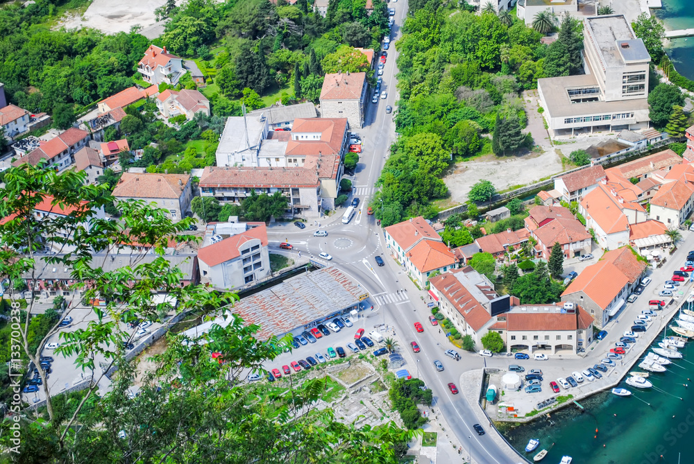 The streets of the city of Kotor with bird's-eye view.