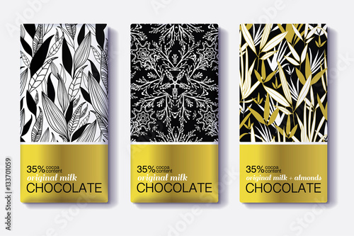 Vector Set Of Golden Chocolate Bars. Black, White Patterns Package Designs With Natural Leaves Patterns. Editable Packaging Template Collection.