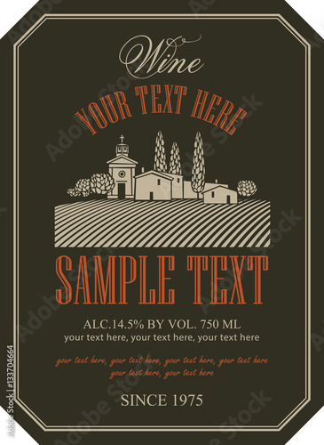 wine label with a landscape of vineyards and Italian village