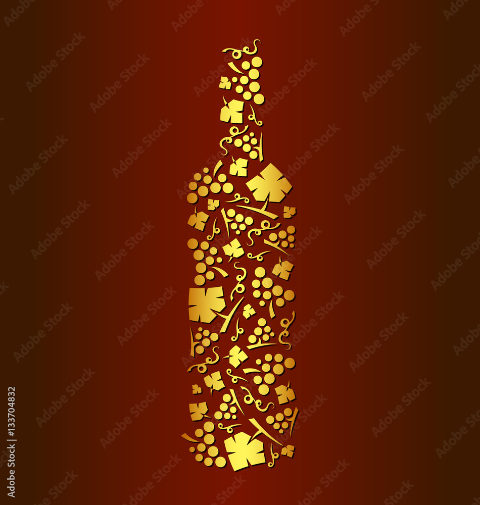 Decorative vector wine bottle of grape bunches and grape leaves