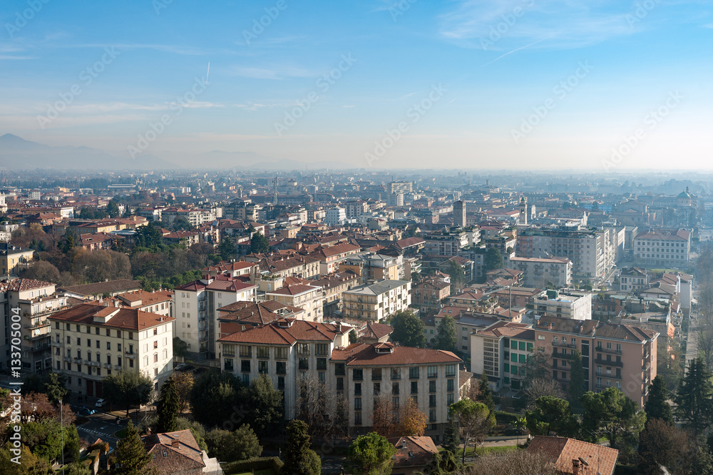 Foggy aerial view on Bergamo town, Lombardy, Italy 