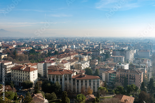 Foggy aerial view on Bergamo town  Lombardy  Italy 