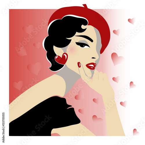 Retro fashion woman with hearts background, vector illustration