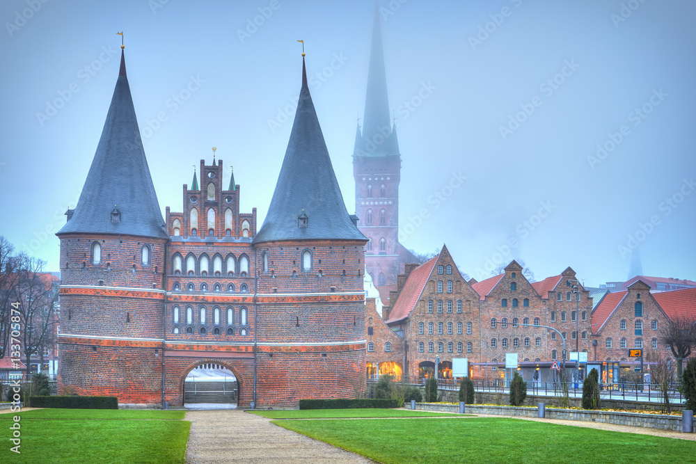 Holsten gate of Lubeck in Germany at dawn