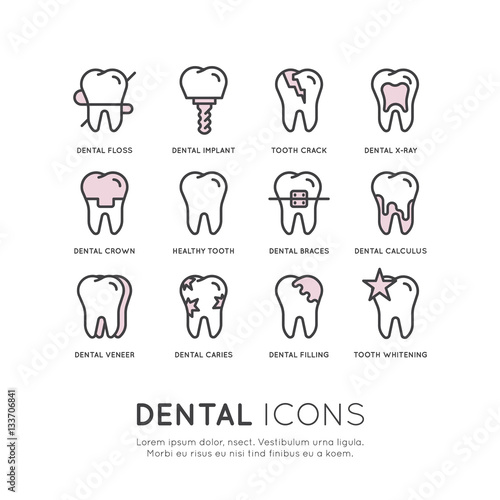 Isolated Vector Style Illustration Logo Set Badge or Dental Care and Disease  Treatment Concept  Tooth Cure Orthodontics