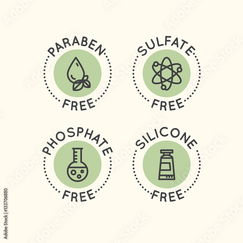 Isolated Vector Style Illustration Logo Set Badge Ingredient Warning Label Icons. GMO, SLS, Paraben, Cruelty, Sulfate, Sodium, Phosphate, Silicone, Preservative Free Organic Product Stickers