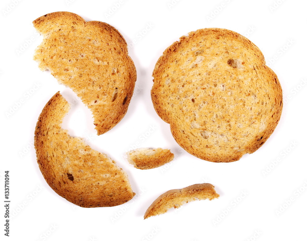 set rusks with wholewheat flour, bread sliced isolated on white background