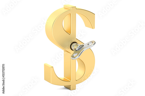 Golden Dollar symbol with wind-up key, 3D rendering