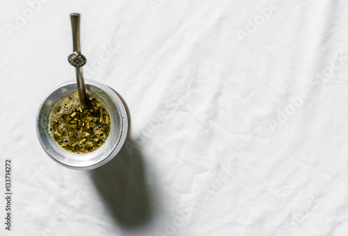 Canvastavla Yerba mate tea in a calabash gourd against white background