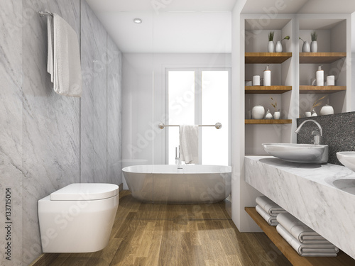 3d rendering wood and marble toilet and bathroom with built in