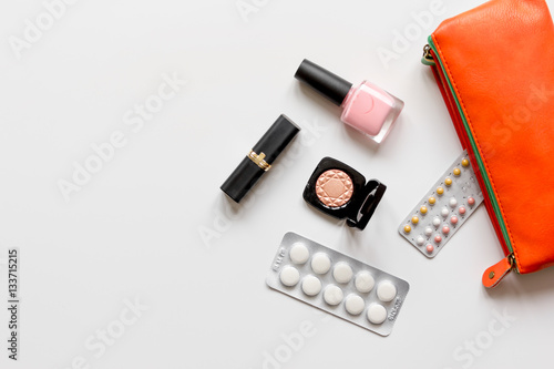 concept of female contraception and healthcare on white background