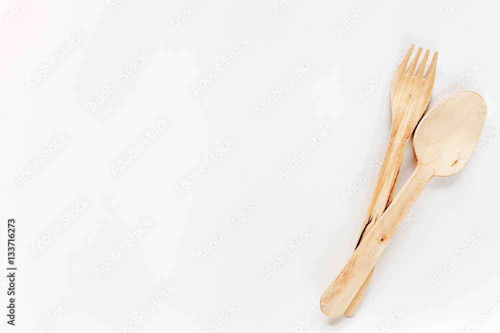 wooden kitchen utensils on white background top view mock up