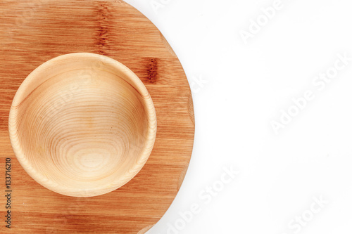 wooden kitchen utensils on white background top view