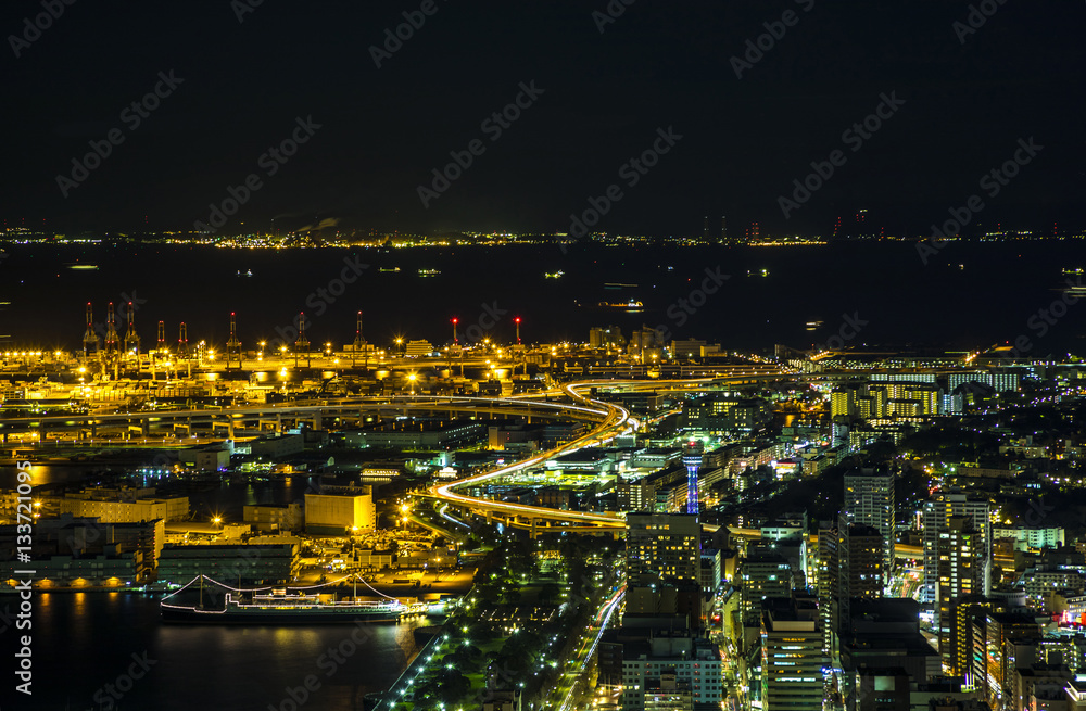 waterfront city and manufacturing industries, night view