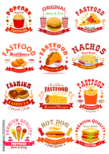 Fast Food vector isolated icons, emblems, ribbons