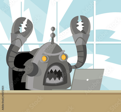 evil robot bot using a computer in the office