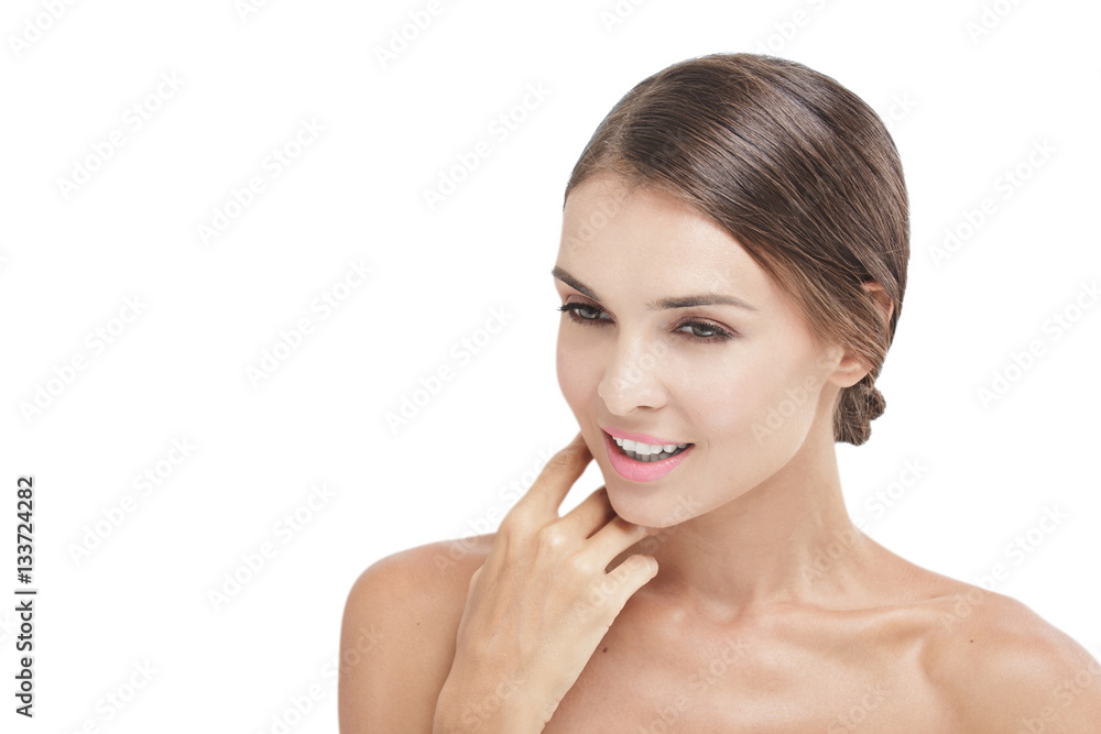 beautiful model with natural make up touching her soft skin face beautiful model with natural make up touching her soft skin face
