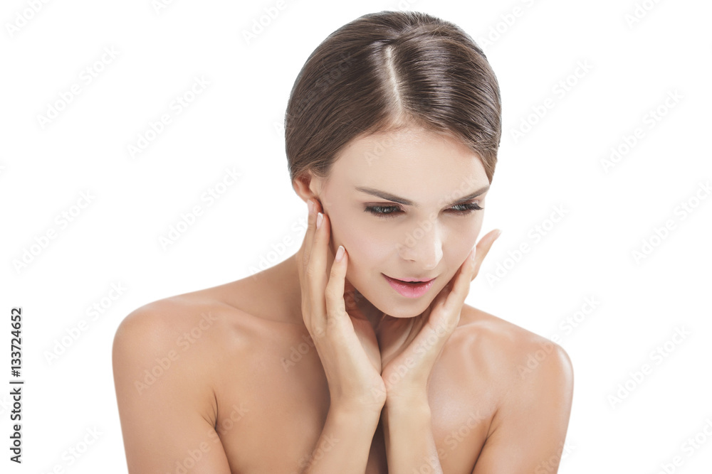 beautiful model touching her healthy soft skin face beautiful model touching her healthy soft skin face