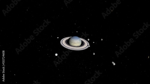 Saturn's Major Moons over time with Moon sizes exaggerated greatly.