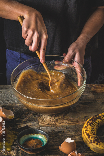 mixing banana bread by hand