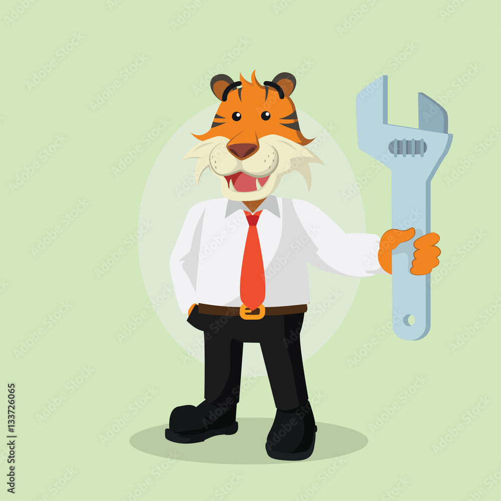 business tiger holding giant wrench