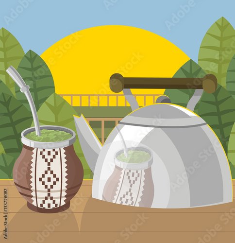 yerba mate gourd and keetle hot herbal beverage in the farm