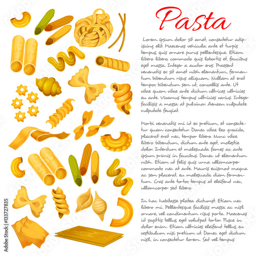 Pasta, macaroni, spaghetti sorts vector poster