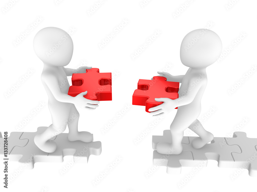 White people build bridge from puzzle pieces. 3D render. White people build bridge from puzzle pieces. 3D render.