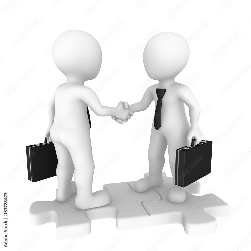 Business people standing on puzzle pieces shaking hands. 3D render. Business people standing on puzzle pieces shaking hands. 3D render.
