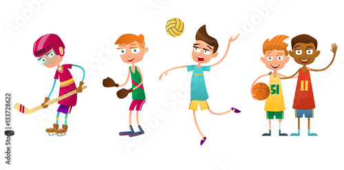 Flat set of kids doing different types of sports. The boy volleyball player, boxer and hockey player. Two other boys basketball.