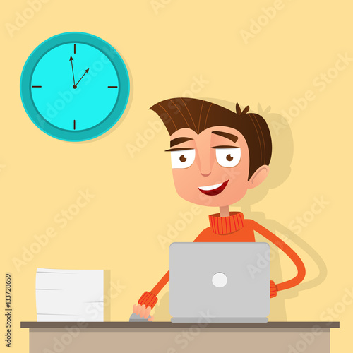 Young man working at a computer in the office. On the table, a large stack of papers and a large clock on the wall. Cartoon character in flat style