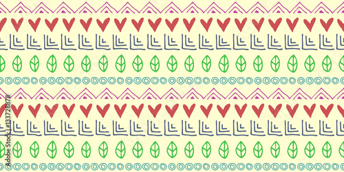 Seamless vector pattern. Ethnic geometrical background with hand drawn little decorative elements. Ethno design. Graphic tribal illustration. Template for wrapping, background, wallpaper, cover