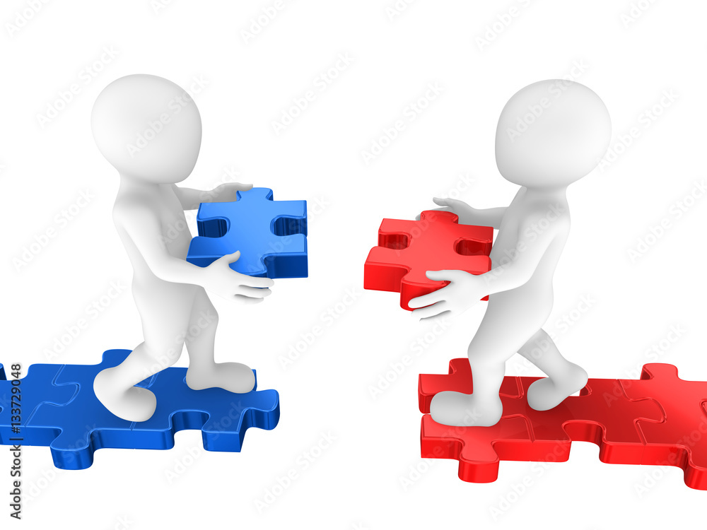 People build the bridge of puzzles. Teamwork concept. People build the bridge of puzzles. Teamwork concept.