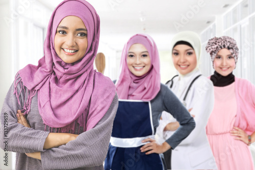 happy muslim woman in different kind of profession