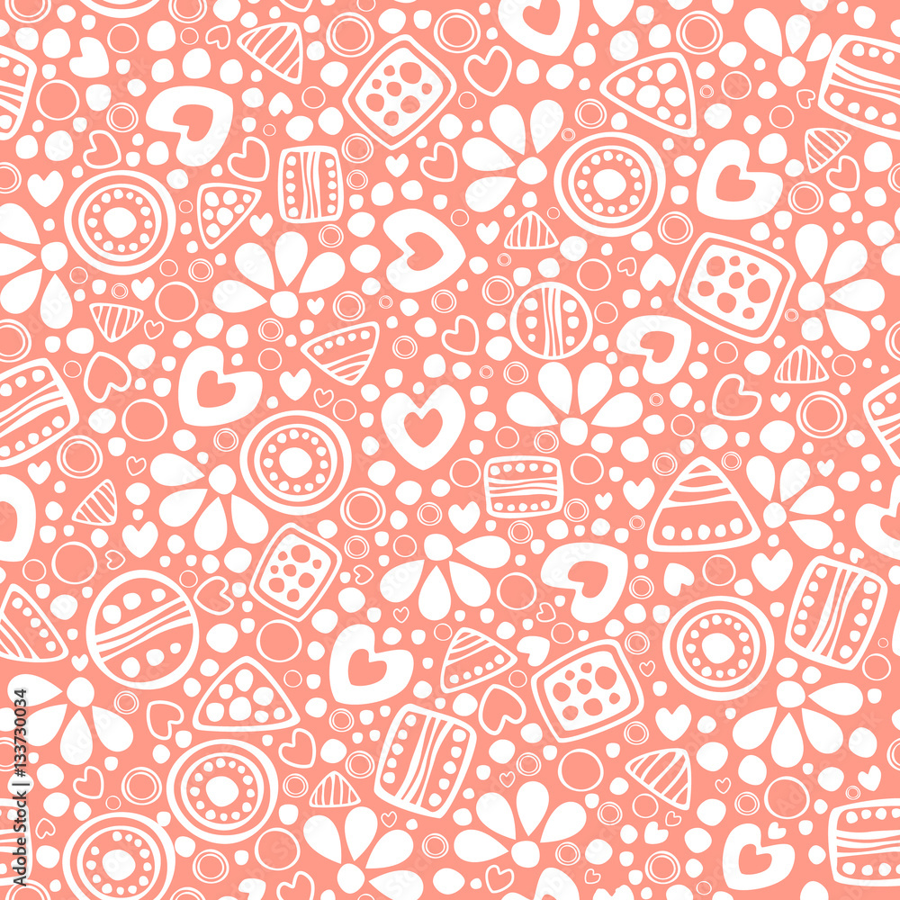 Seamless vector decorative hand drawn pattern. Pink ethnic endless background with ornamental decorative elements with traditional motives, tribal geometric figures, dots and flowers. Seamless vector decorative hand drawn pattern. Pink ethnic endless background with ornamental decorative elements with traditional motives, tribal geometric figures, dots and flowers.