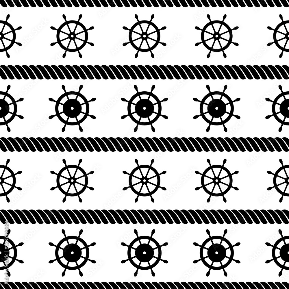 Vector seamless pattern with steering wheel and rope. Creative geometric symmetrical background, nautical theme. Black and white Graphic illustration. Vector seamless pattern with steering wheel and rope. Creative geometric symmetrical background, nautical theme. Black and white Graphic illustration.