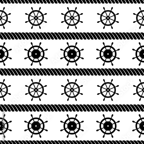 Vector seamless pattern with steering wheel and rope. Creative geometric symmetrical background, nautical theme. Black and white Graphic illustration.