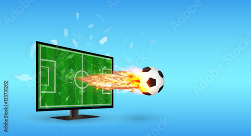 Cracked Screen Television with Football and fire over screen