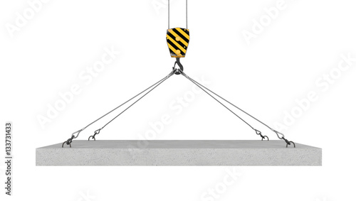 Rendering of crane hook lifting concrete panel on the white background photo