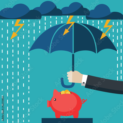 Businessman with umbrella protecting piggy bank. Saving money for any storm problem will come. Business concept