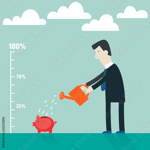 Businessman watering piggy bank. Businessman investing money concept