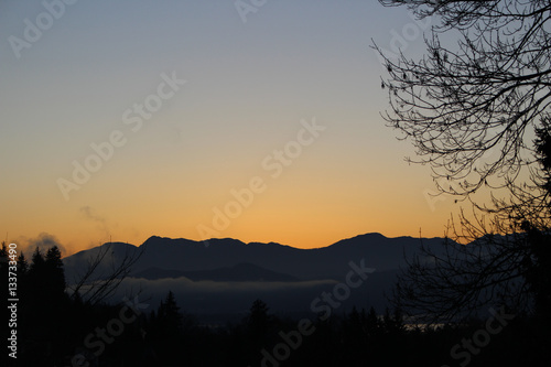 Sunset behind mountains photo