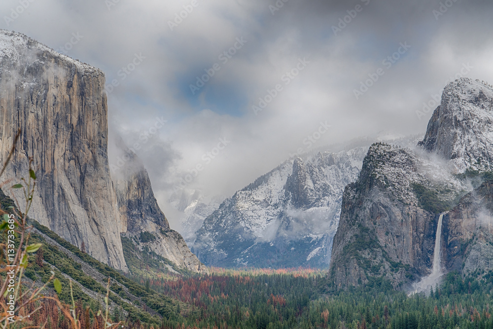 El Capitan,Half Dome and Bridaveil Falls seen from Tunnel View between winter storms in Yosemite National Park