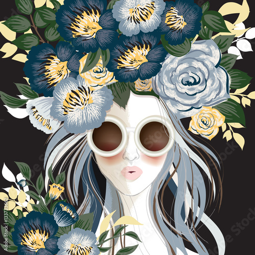 Fototapeta Naklejka Na Ścianę i Meble -  Vector illustration of a sunglasses woman with floral pattern on her hair. Black background				