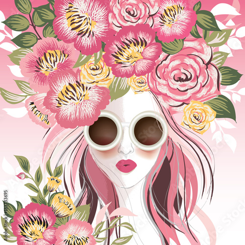 Fototapeta Naklejka Na Ścianę i Meble -  Vector illustration of a sunglasses woman with spring floral pattern on her hair. Pink background				
