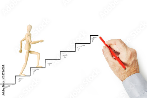 Man draws stairs and helps other person to climb up. Conceptual image with pencil drawing