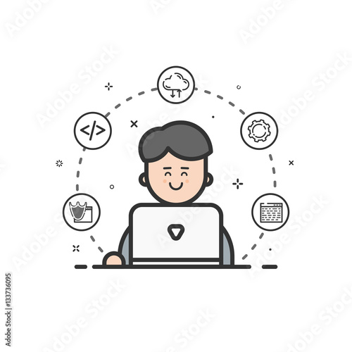 Vector illustration of colored icon in flat line style. Linear cute and happy man with laptop. Graphic design concept of software engineer use in Web Project and Applications Outline isolated object.