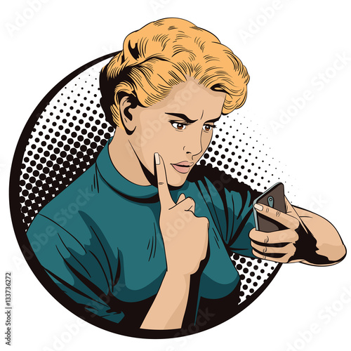 Girl scolds smartphone. People in retro style.
