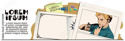 Girl scolds smartphone. People in retro style.