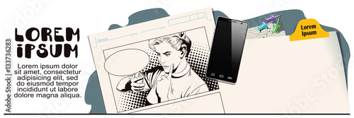 Girl scolds smartphone. People in retro style.
